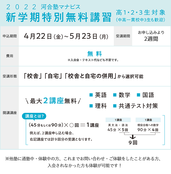 2022年 新学期特別無料講習の詳細